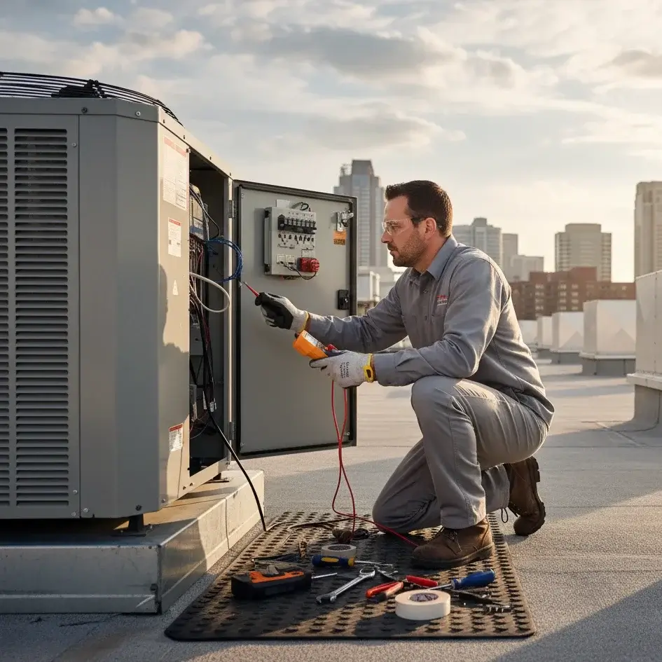 HVAC technician servicing a residential air conditioning condenser